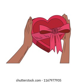 Hands holding heart shape giftbox pop art