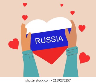 Hands holding a heart in the shape of the Russian flag. Support of the people. Resolution of the conflict. Let there be peace and love. flat vector