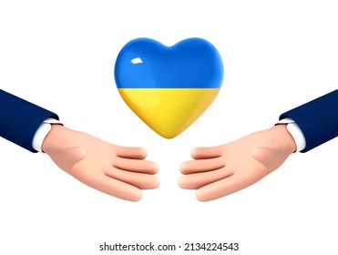 Hands holding heart shaped badge with the national flag of Ukraine. Symbol of support for Ukraine.
