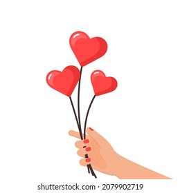 Hands holding heart shaped bubbles. Valentine celebrating concept. Festive vector illustration.