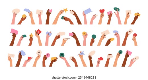 Hands holding heart, star, happy and upset emoji, speech bubble, paper card, message. Arms with communication, feedback, opinion symbols. Concept flat vector illustration isolated on white background