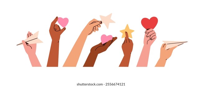 Hands holding heart, star, paper plane. Showing love and like, ranking and rating, message symbols. Giving feedback, sharing opinion, reviewing. Flat vector illustration isolated on white background