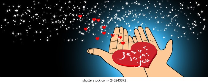 Hands holding a heart with stars-Jesus loves you-Vector illustration 