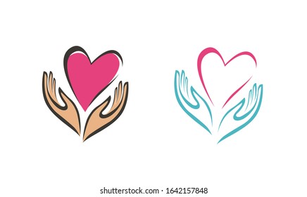 Hands holding heart symbol. Company logo or icon. Abstract vector illustration