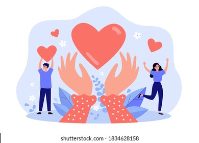 Hands holding heart symbol flat vector illustration. Happy cartoon people giving love or hope and donating help. Friendship, assistance and charity concept