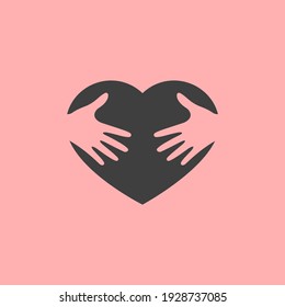 Hands holding heart. Symbol of kindness and charity. Illustration in flat style isolated on pink background. Vector web design