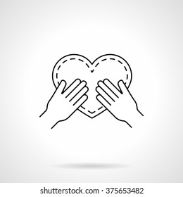 Hands holding a heart. Symbol of love proposal, engagement. Valentines Day. Flat line style single vector icon. Element for web design, business, mobile app. 