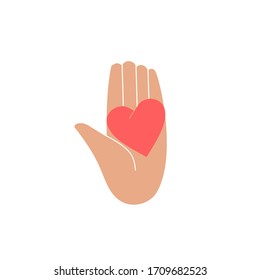 Hands holding a heart, symbol of peace, help, cooperation or charity and volunteering, color vector illustration in flat style. Color isolated image on a white background