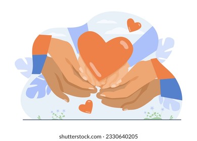 Hände, die Herz zusammen halten Vektorgrafik. Multirassische Eltern und Kinder, die sich gegenseitig unterstützen und helfen und Liebe und Zuneigung zeigen. Konzept der Familienzusammenführung