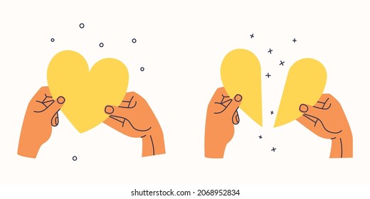 Hands holding a heart and two halves of a broken heart. Trendy vector illustration.