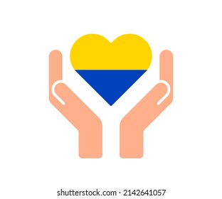 Hands holding heart. Ukrainian flag inside heart. Support of Ukrainians, charity, donation for ukrainians. Vector illustration.