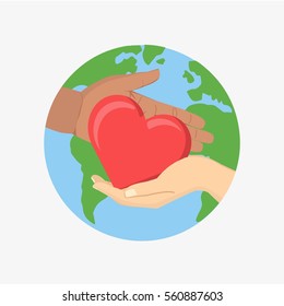 Hands holding heart upon picture of earth. Concept of kindness, friendship, and equality. Flat vector stock illustration