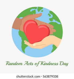 Hands holding heart upon picture of earth. Concept of kindness, friendship, and equality. Flat vector stock illustration