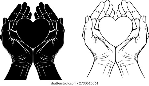 Hands holding heart vector, charity care love icon, empathy symbol line art, heart protection hands drawing