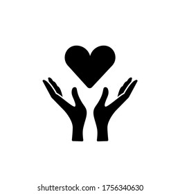 Hands holding a heart. Vector icon, black silhouette isolated on white background. Flat design, eps 10. Concept: take care, take care of health, feelings, love, self-cheering, donation, volunteers.