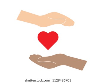Hands holding a heart. Vector illustration Eps10 file. hand holding red heart and hands of children .Donate for Friend.