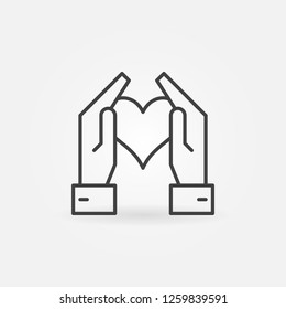 Hands holding heart vector minimal icon or sign in thin line style