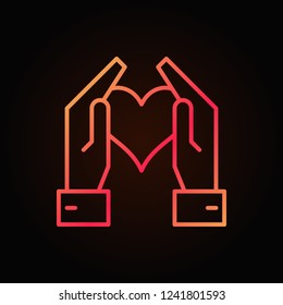 Hands holding heart vector red bright outline icon on dark background