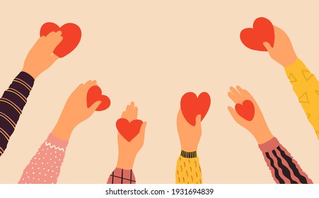 Hands holding hearts. Cartoon red symbol of love in human arms. Charity and donation concept. Volunteers giving support to needy. Cute agitation banner with copy space. Vector philanthropy event