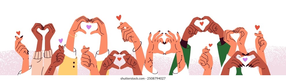 Hands holding hearts, charity and donation banner. Diverse volunteers together for support, aid, hep, solidarity. International Humanitarian Day. Flat vector illustration isolated on white background