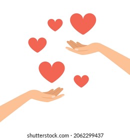 Hands holding hearts and giving people, charity to help people.