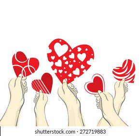 Hands holding hearts. Hand drawn vector illustration.