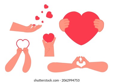 Hands holding hearts. Hand with red heart, romantic love. Volunteering or charity, friends family support vector symbols