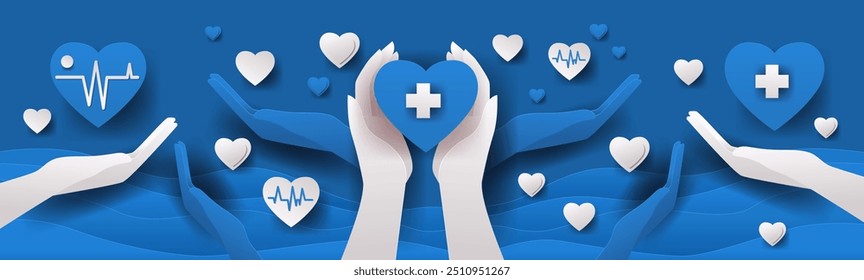 Hands holding hearts healthcare concept. Blue and white hands holding hearts with medical symbols floating hearts in background. Paper cut style