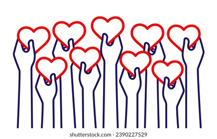 Hands Holding Hearts High Up. Vector Illustration in Line Design Style