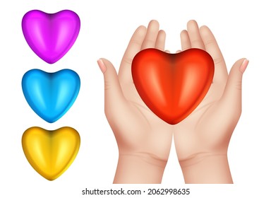 Hands holding hearts. Isolated realistic hand with red heart, vector volunteer illustration