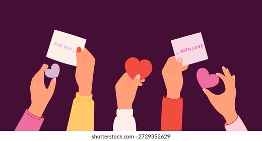 Manos sosteniendo corazones y notas de amor sobre fondo oscuro. Ilustración vectorial plana que simboliza el amor y el romance, perfecta para el día de San Valentín, tarjetas de felicitación, redes sociales y temas de relaciones.