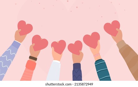 Hands holding hearts symbol for donation concept, Concept of charity and donation, Several people hold big heart synbol on their hands, People take care love, Give and share your love to people, coope