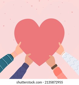 Hands holding hearts symbol for donation concept, Concept of charity and donation, Several people hold big heart synbol on their hands, People take care love, Give and share your love to people, coope