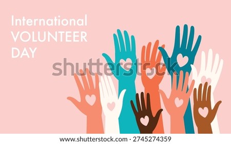 Hands holding hearts together, World Humanitarian Day banner. Volunteers, NGO crowd for charitable aid, help, charity, donation and support. Flat vector illustration isolated on white background