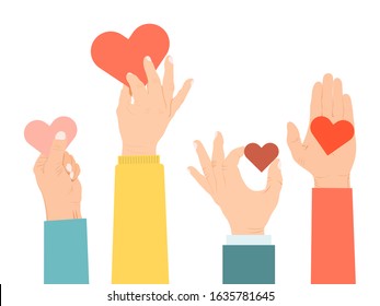 Hands holding a hearts vector illustration. Valentine Day card with hands hold hearts to give and share love to people concept. Charity, philanthropy, compassion and love care symbol