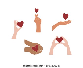 Hände, die Herz-Vektorgrafik-Set halten. Selbst- oder Körperpflegesymbol, Liebesgeste, Valentinstag, Vektorgrafik