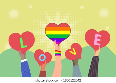 Hands holding hearts with word LOVE. LGBT rainbow flag into heart. Demonstration in support of LGBT rights. Pride Day for LGBT community. Love has no limits. LGBT, freedom love, homosexual concept.