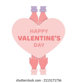 Hands holding a heart-shaped card with a wish for a happy valentine's day. Vector illustration, flat cartoon color design, isolated on white background, eps 10.