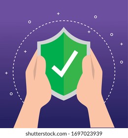 Manos sosteniendo la marca de verificación dentro del diseño del escudo, marque la selección correcta aprobado elegir voto positivo y tema web Ilustración del vector