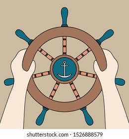 Hands holding the helm on a beige background