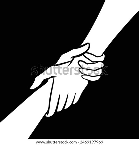 Hands holding hands and helping each other illustration isolated on square black background. Simple monochrome flat humanity themed drawing.