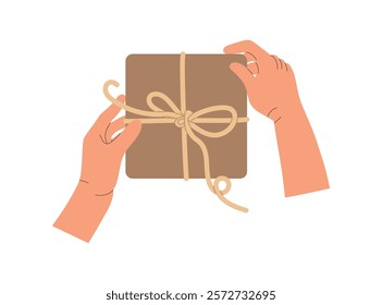 Hands holding a holiday gift, gift in hands, wrapping a Christmas gift box, Christmas, New Year or birthday celebration concept. Flat vector illustration isolated.