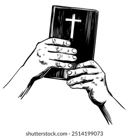 hands holding the Holy Bible, gospel, the doctrine of Christianity, symbol of Christianity hand drawn vector illustration sketch