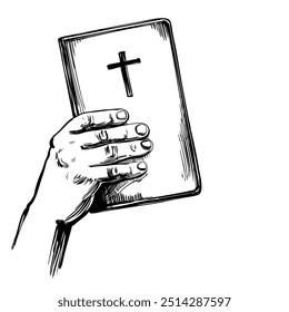 hands holding the Holy Bible, gospel, the doctrine of Christianity, symbol of Christianity hand drawn vector illustration sketch