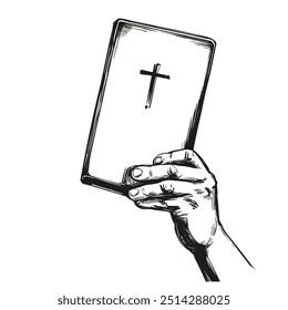 hands holding the Holy Bible, gospel, the doctrine of Christianity, symbol of Christianity hand drawn vector illustration sketch