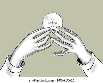 Hands holding the Holy Eucharist with a cross. Vintage engraving stylized drawing. Vector illustration