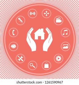 Hands holding home. Graphic elements for your design