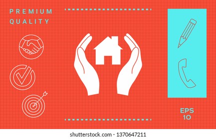 Hands holding home. Graphic elements for your design