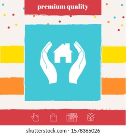 Hands holding home. Graphic elements for your design