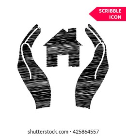Hands holding home. Scribble icon for you design.